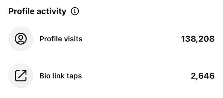 Instagram profile activity showing 138,208 profile visits and 2,646 bio link taps